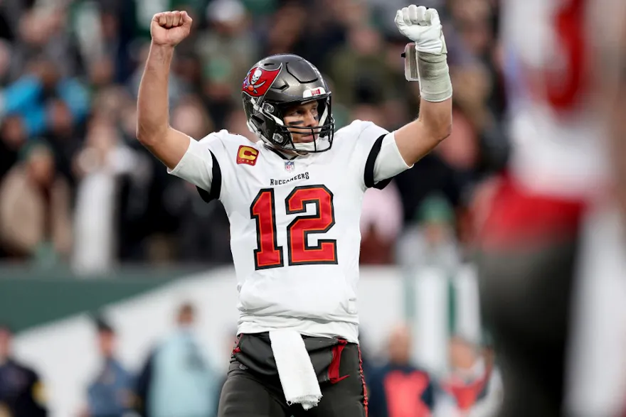 Tom Brady of the Tampa Bay Buccaneers celebrates a successful two-point conversion in the fourth quarter of the game against the New York Jets at MetLife Stadium on January 02, 2022 in East Rutherford, New Jersey. Photo by Elsa Getty Images via AFP.