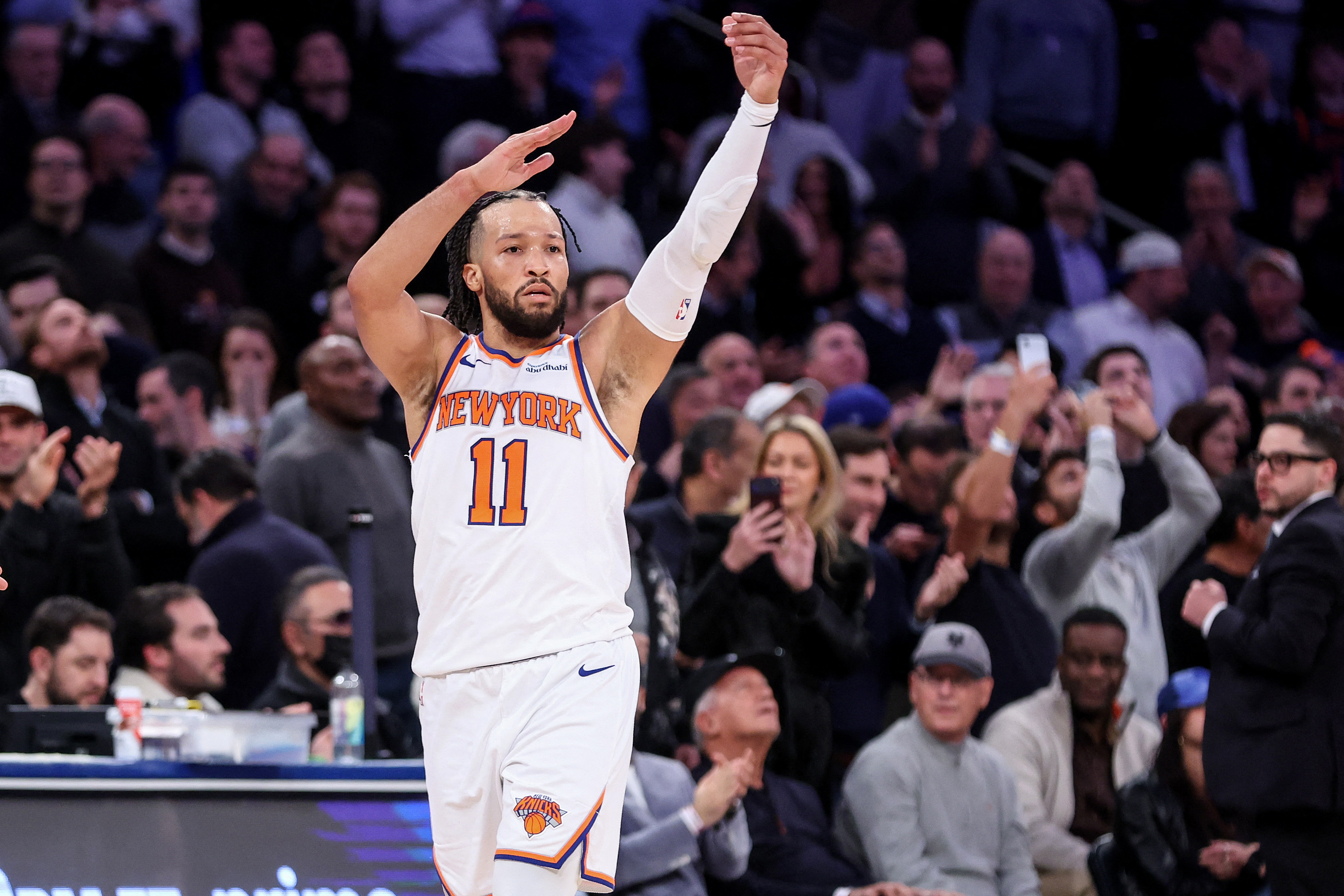  New York Knicks guard Jalen Brunson gestures as we look at New York considering banning player props.