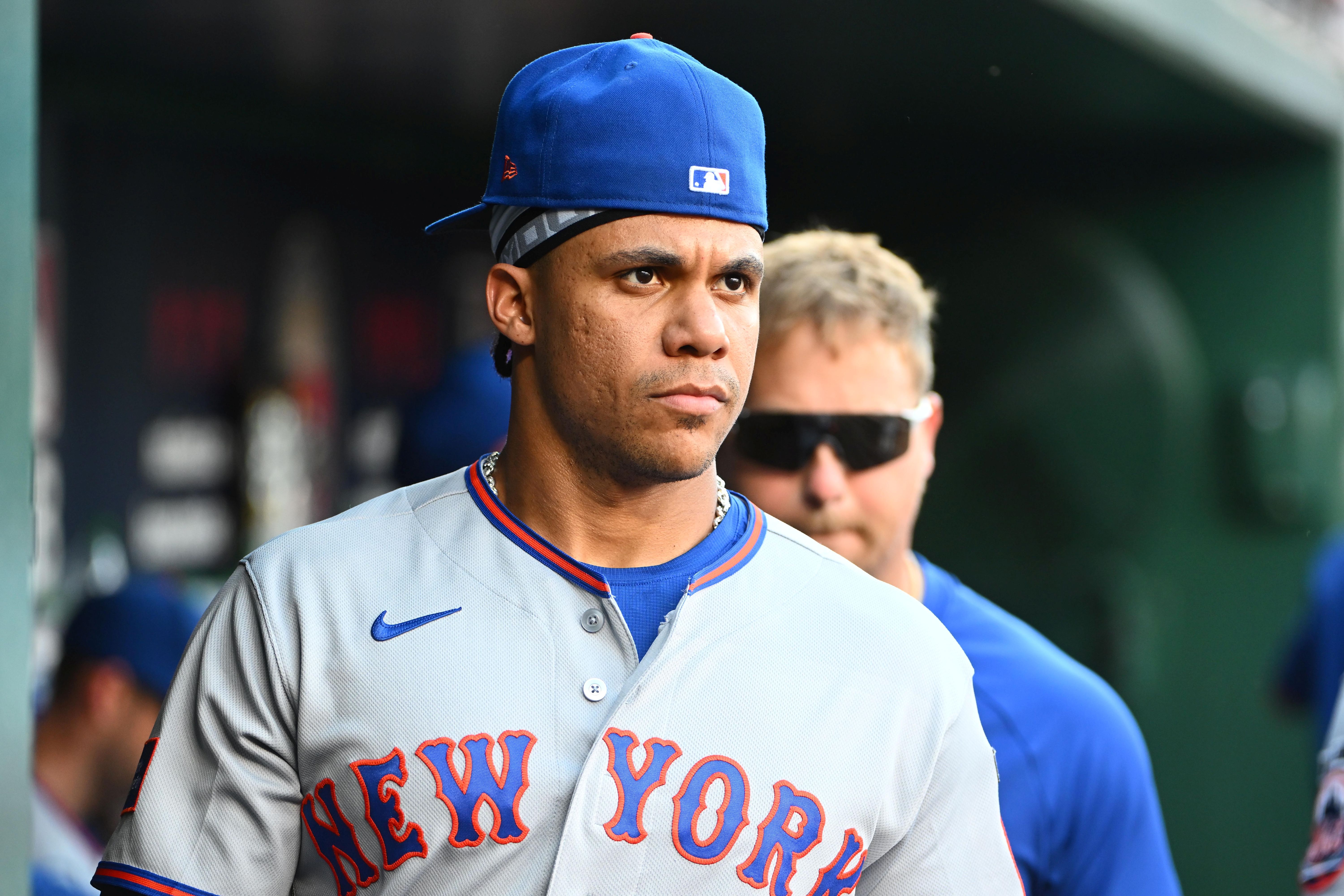 New York Mets designated hitter Juan Soto in the dugout, and he's key as I look at my home run predictions today.