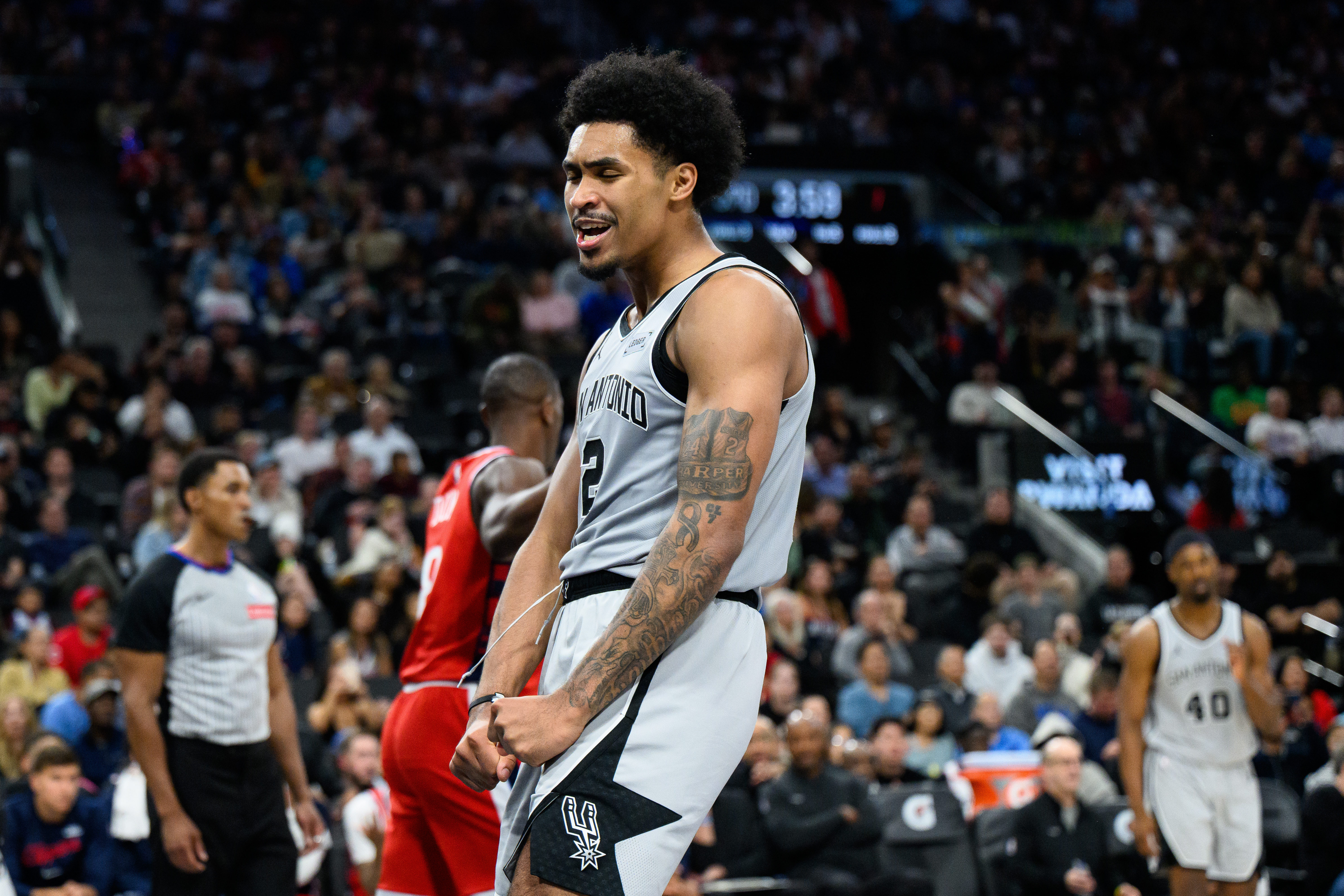 San Antonio Spurs guard Dylan Harper (2) reacts as we break down our NBA Play of the Day.