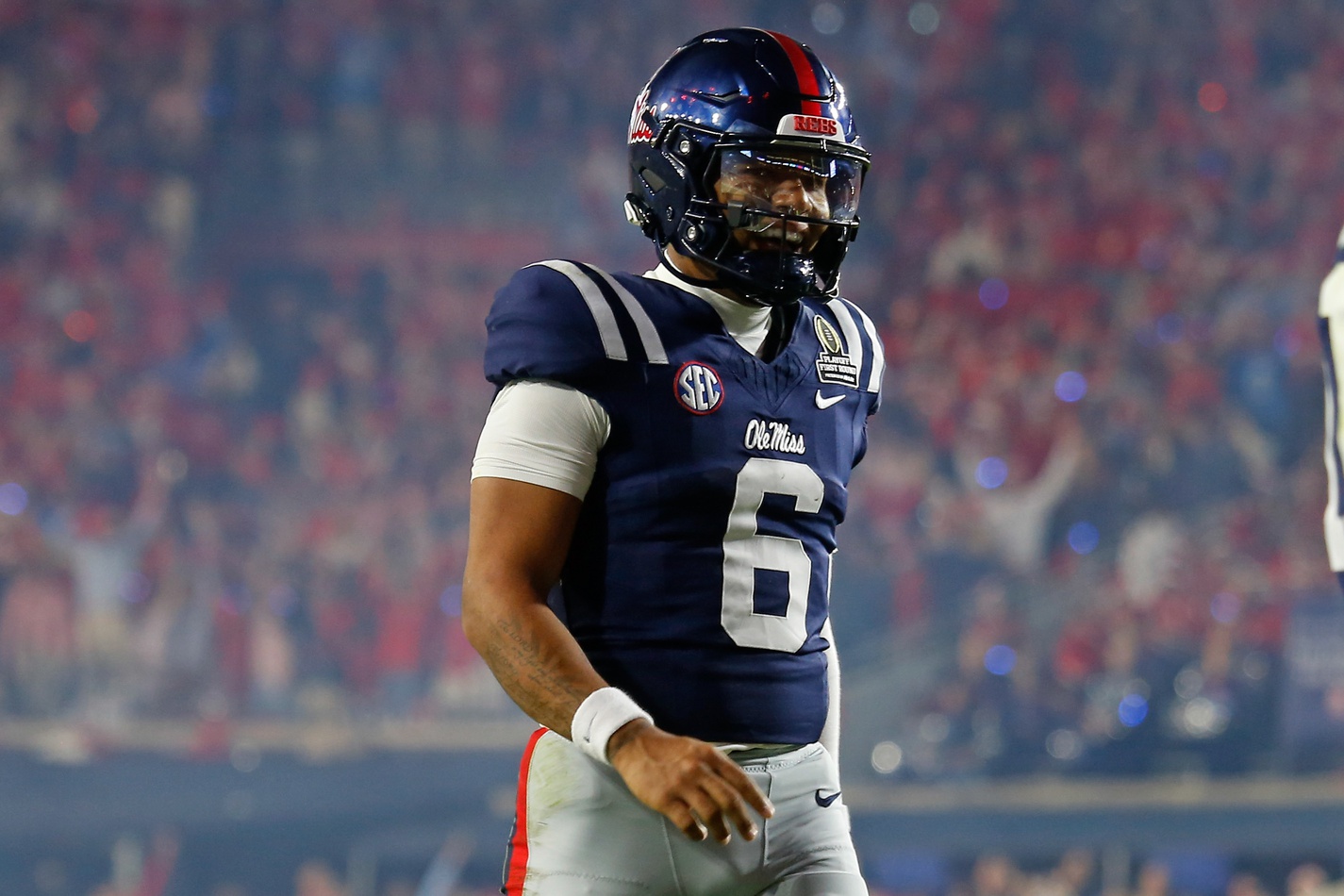 Mississippi Rebels quarterback Trinidad Chambliss reacts, and he's key as we look at our Ole Miss vs. Georgia player props