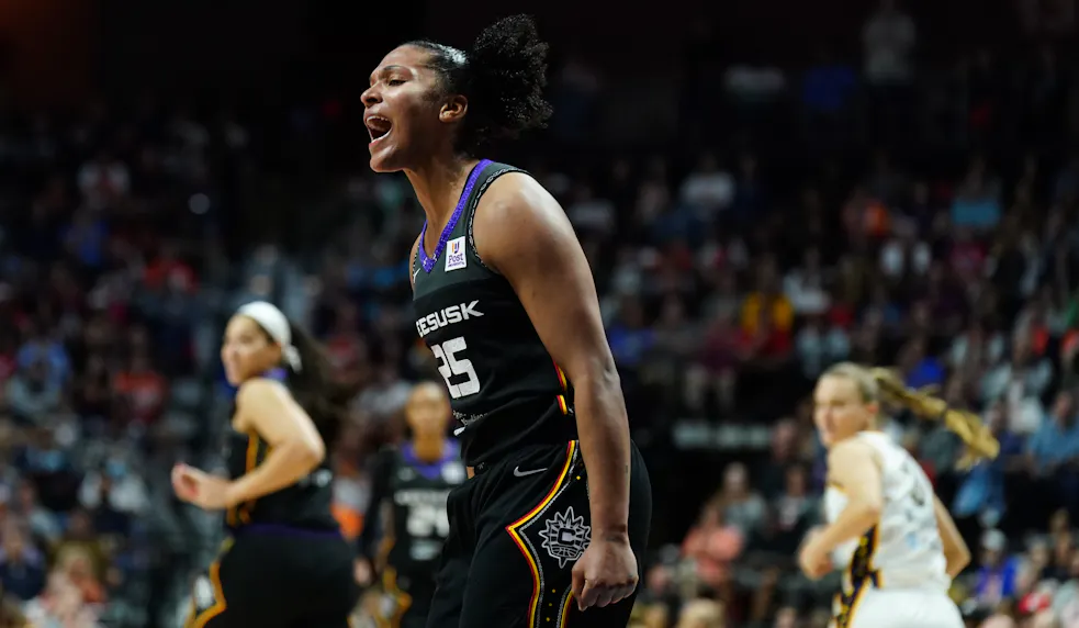 Connecticut Sun forward Alyssa Thomas (25) reacts as we offer our best Sun vs. Sky prediction and expert picks for Wednesday's WNBA matchup at Wintrust Arena in Chicago.