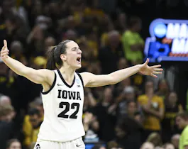 Guard Caitlin Clark #22 of the Iowa Hawkeyes celebrates as we offer our best Colorado vs. Iowa prediction and player props for the Sweet 16 of the women's NCAA Tournament on Saturday.