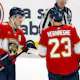 Matthew Tkachuk is congratulated by Carter Verhaeghe after he scored an empty-net goal against the Tampa Bay Lightning as we make our expert prop picks and predictions for Game 3 of the Florida Panthers vs. Tampa Bay Lightning first-round series. 