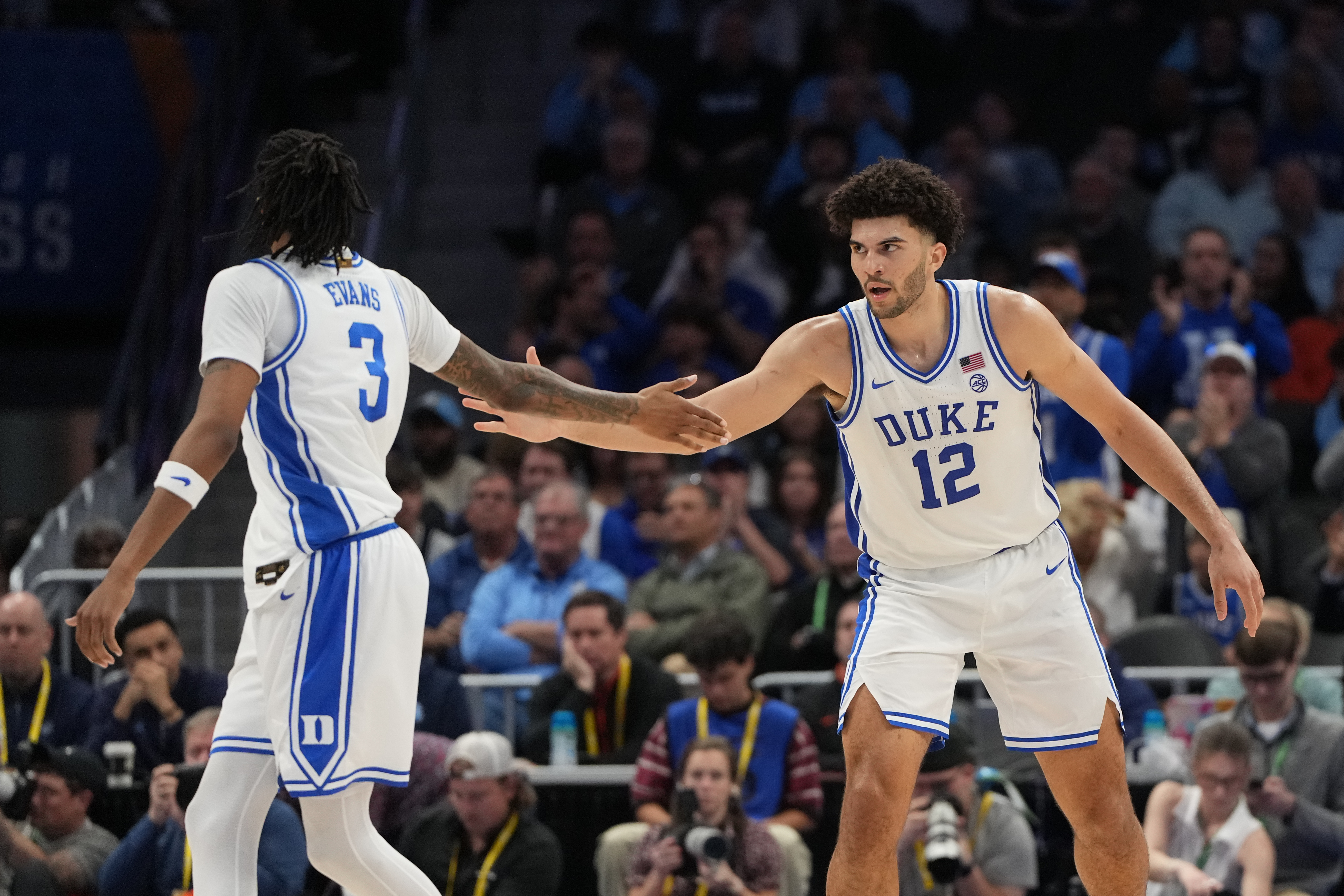 Duke Blue Devils forward Cameron Boozer (12) reacts as he is featured in our Clemson vs. Duke prediction.