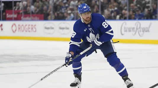 Pictured: Toronto Maple Leafs forward William Nylander (88) controls the puck as we offer Maple Leafs vs. Blue Jackets player props.