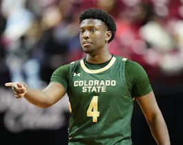 Isaiah Stevens #4 of the Colorado State Rams gestures as we make our Colorado State vs. Virginia prediction for the First Four matchup of the 2024 NCAA Tournament on Tuesday.