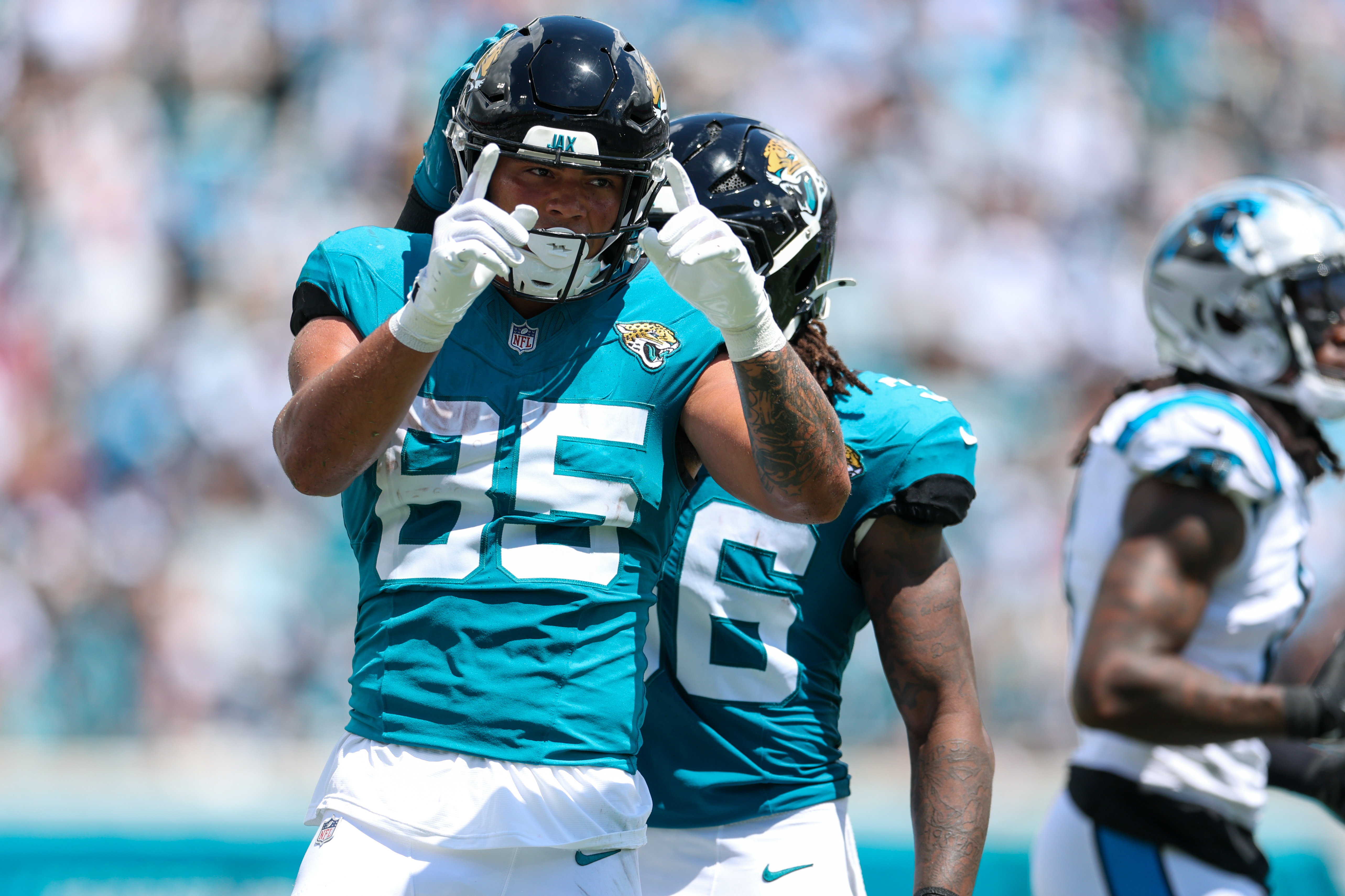 Jacksonville Jaguars tight end Brenton Strange (85) reacts as he is featured in our Jaguars vs. Colts player props.