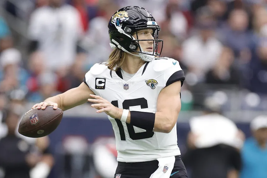 Trevor Lawrence #16 of the Jacksonville Jaguars looks to pass as we offer our Trevor Lawrence NFL player props for MNF