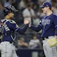 Christian Bethancourt and Pete Fairbanks of the Tampa Bay Rays celebrate after defeating the New York Yankees, and you can find out how you can access our exclusive BetMGM bonus code for their game on Tuesday.