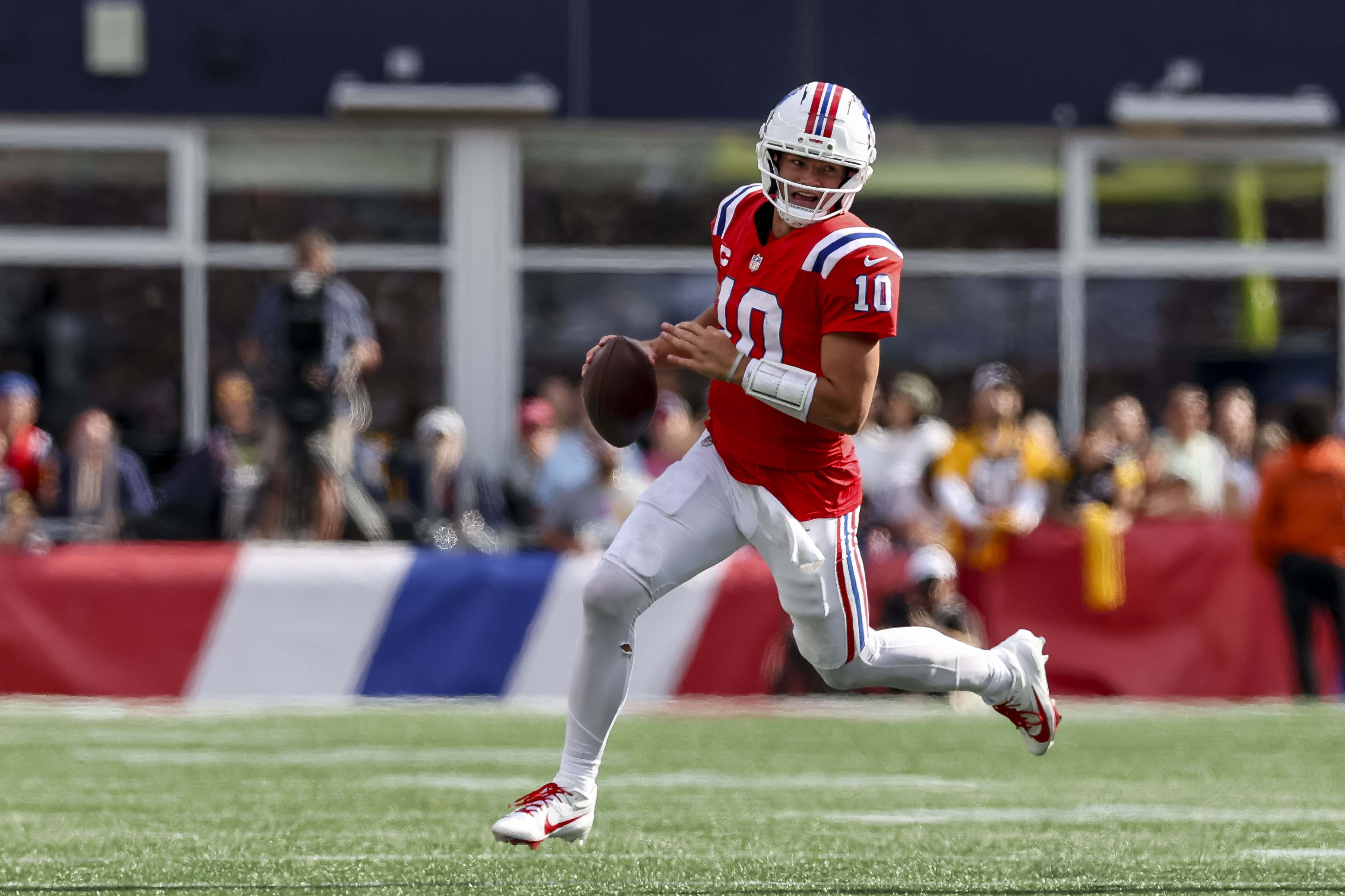 New England Patriots quarterback Drake Maye (10) runs the ball as we break down our Super Bowl same-game parlay for the Patriots to win.