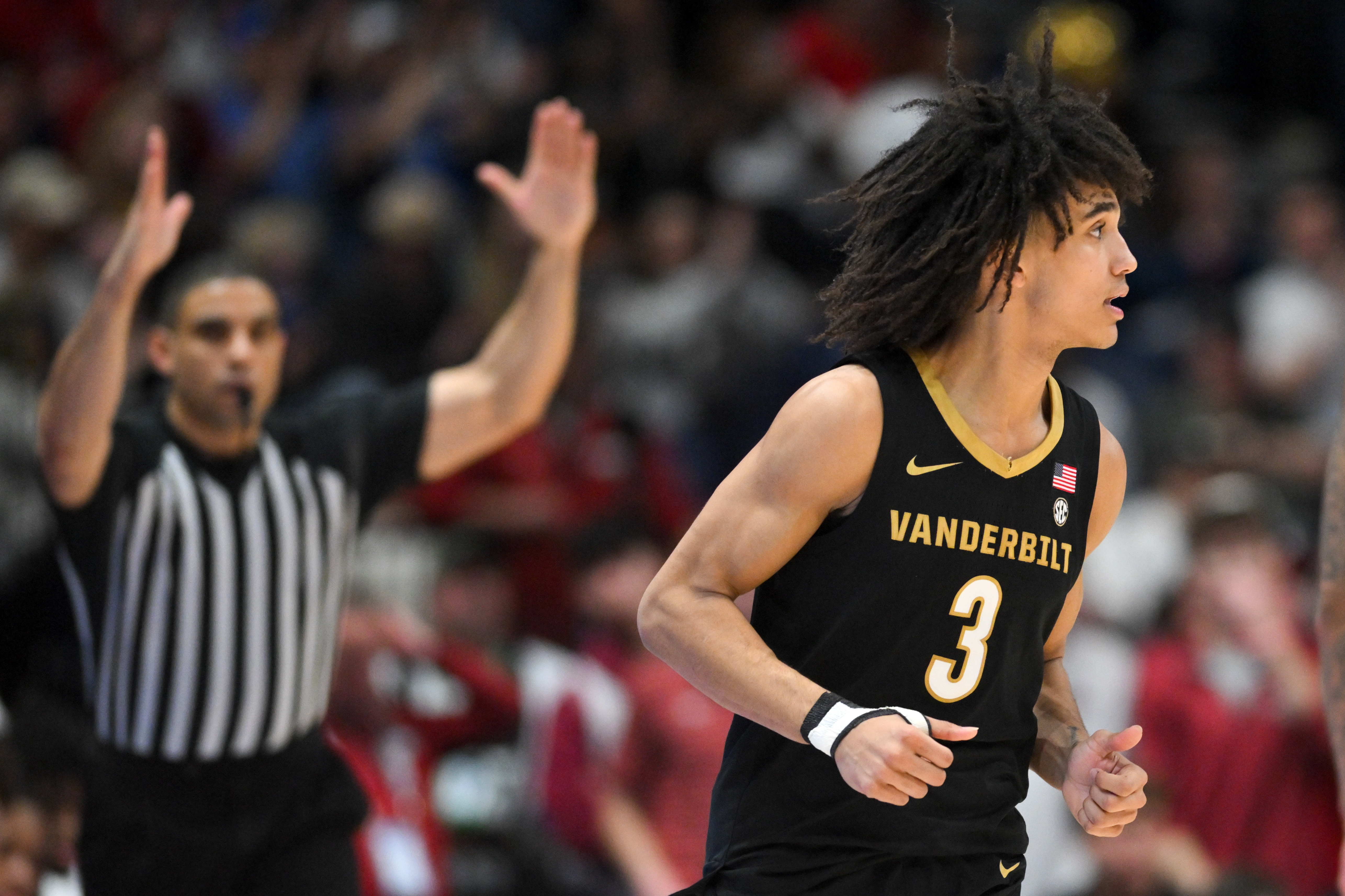 Vanderbilt Commodores guard Tyler Tanner (3) looks on as he is featured in our McNeese vs. Vanderbilt prediction.