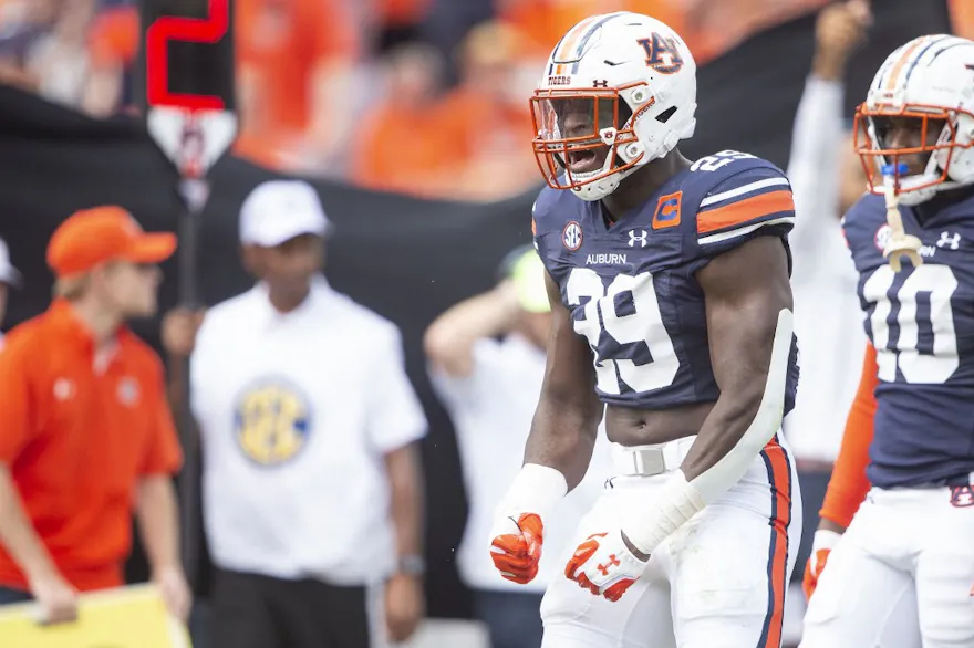 Linebacker Derick Hall of the Auburn Tigers celebrates after a big play during the first half of their game against the Penn State Nittany Lions.