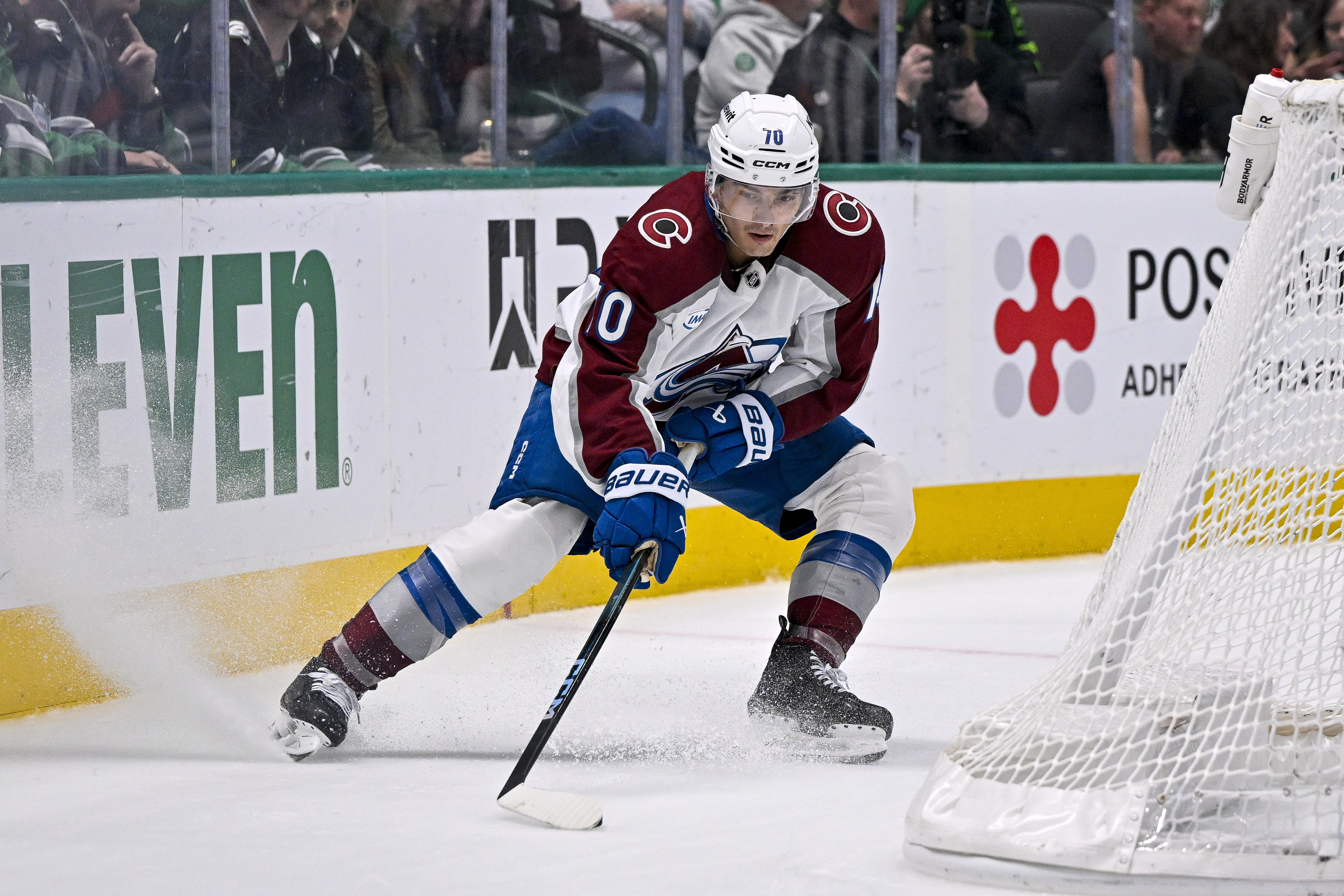 Colorado Avalanche defenseman Sam Malinski (70) during the game as he is featured in our Avalanche vs. Stars prediction & odds.