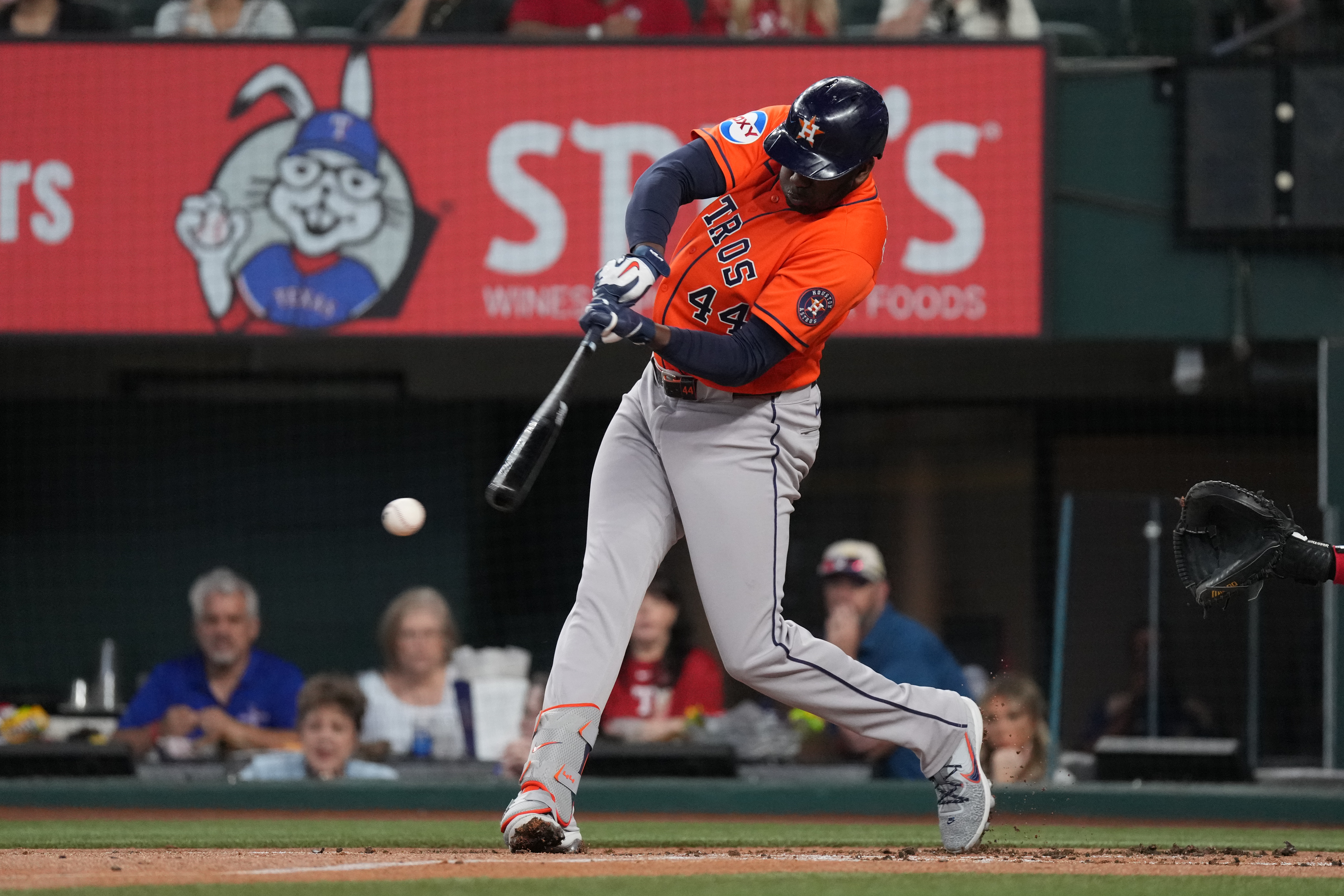 Houston Astros designated hitter Yordan Alvarez (44) hits a single as he is featured in our MLB All-Star Game MVP Predictions.