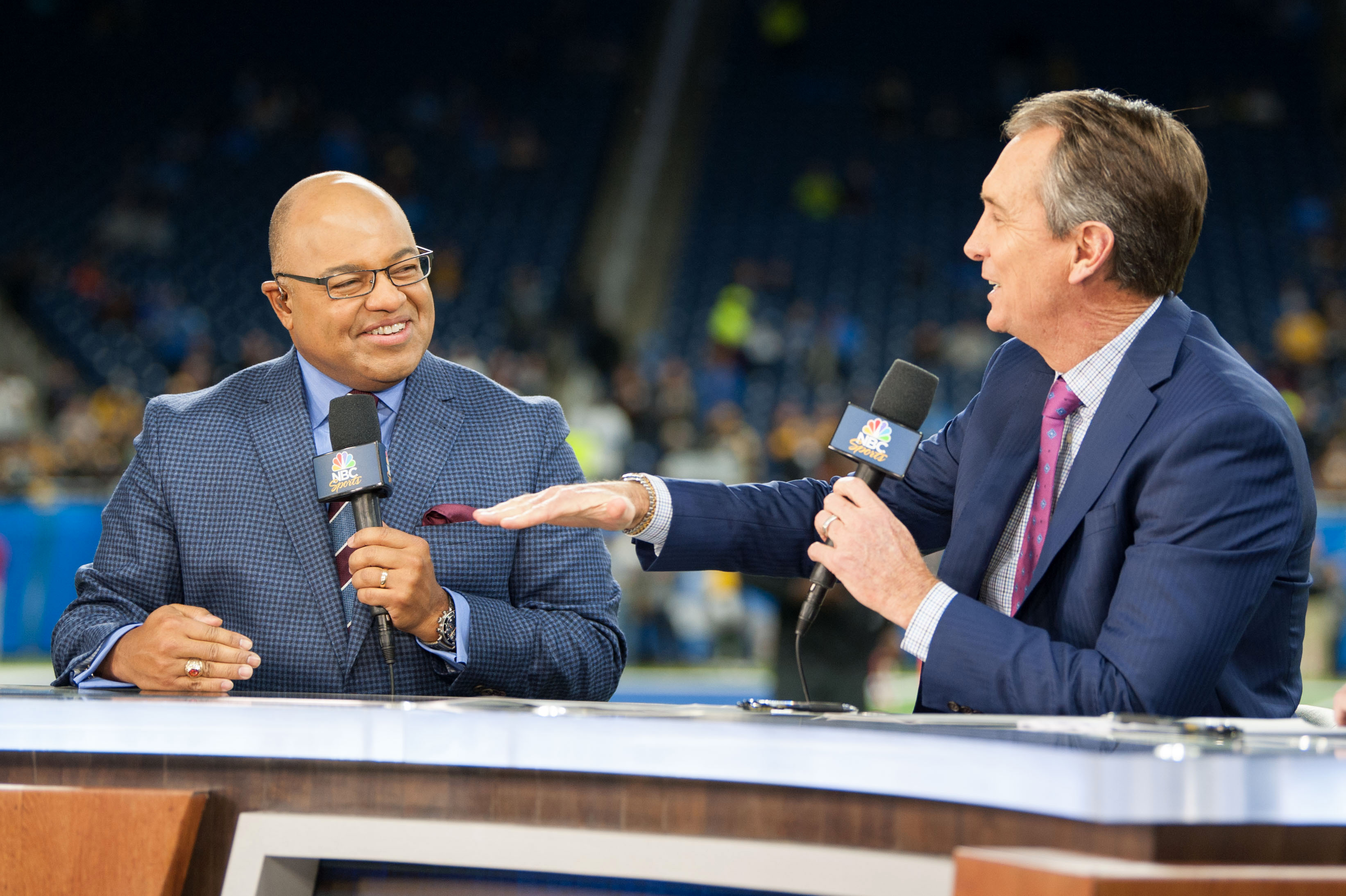 NBC Sports broadcasters Mike Tirico and Cris Collinsworth as we look at prediction markets for what they might say during Super Bowl 2026.