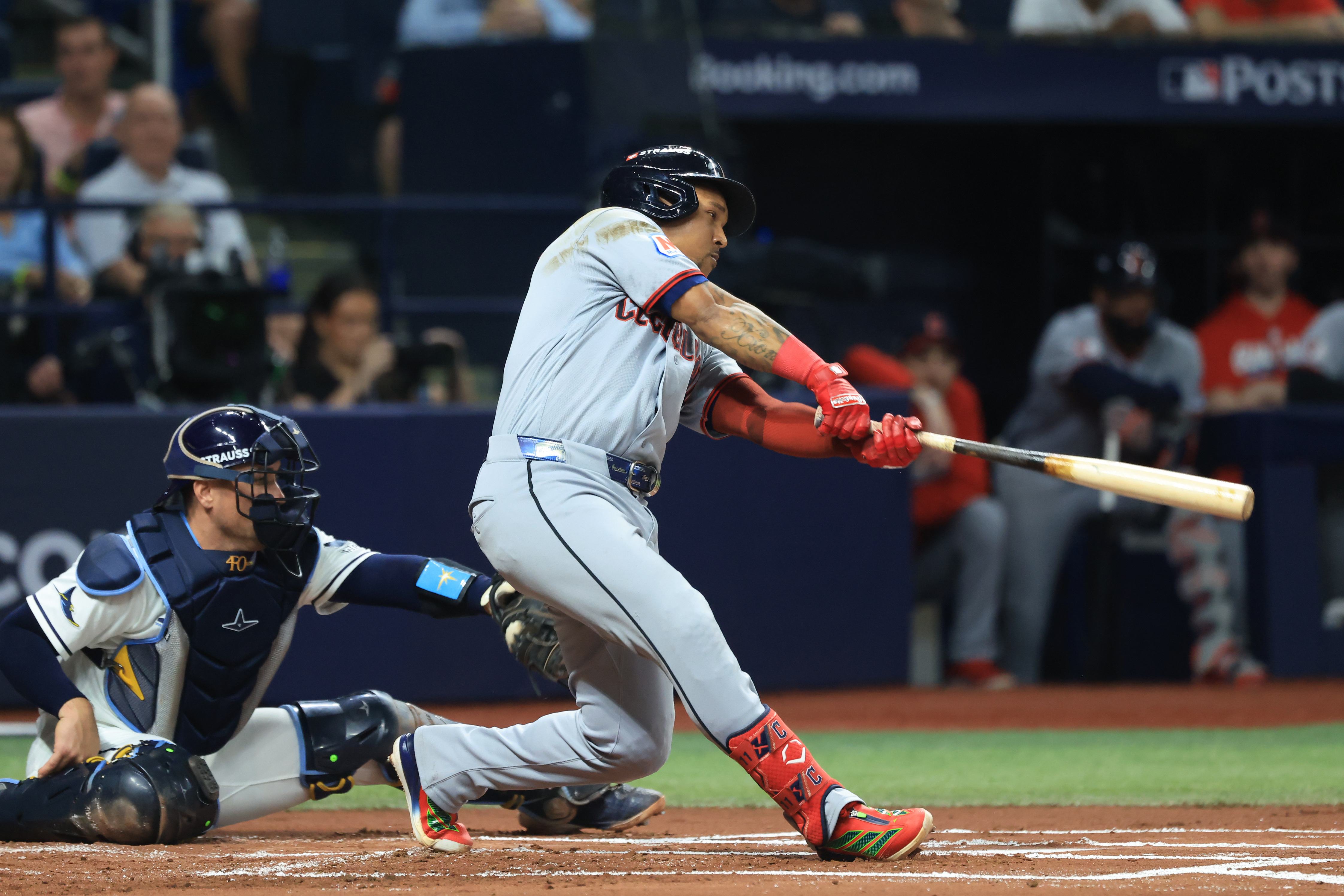 Cleveland Guardians third baseman Jose Ramirez (11) hits a single against the Tampa Bay Rays as we make our best Guardians vs. Rays Game 2 predictions.