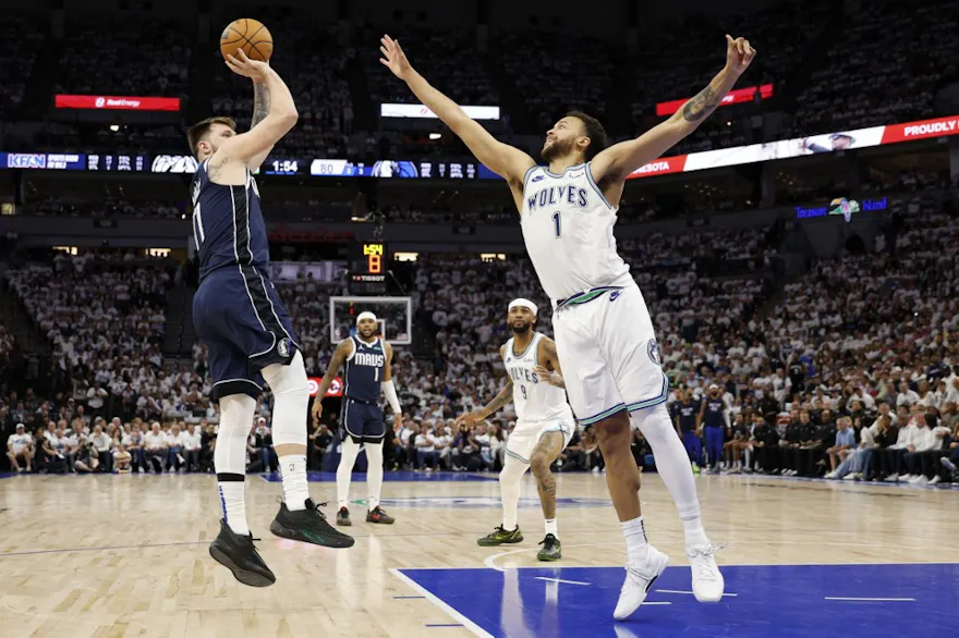 Luka Doncic (77) shoots the ball as we offer our best Mavericks vs. Timberwolves player props for Game 2 of the Western Conference Finals at Target Center on Friday.