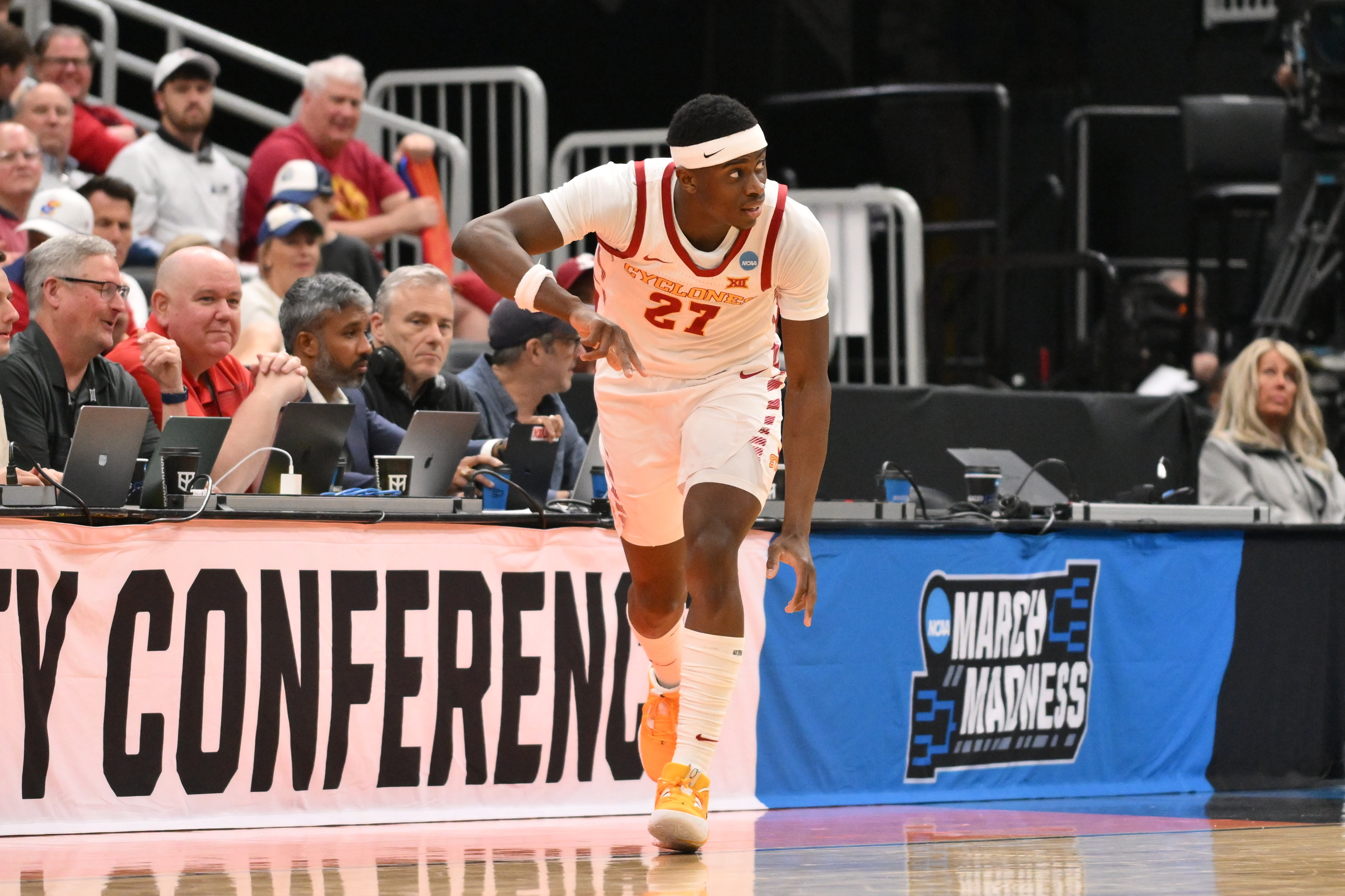Iowa State guard Killyan Toure (27) reacts after making a 3-point shot as we look at our Kentucky vs. Iowa State prediction today