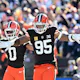 Myles Garrett #95 of the Cleveland Browns celebrates in the first quarter against the Pittsburgh Steelers