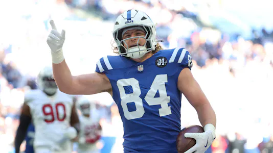 Pictured: Indianapolis Colts tight end Tyler Warren (84) celebrates after scoring a touchdown as we offer our National Tight Ends Day parlay picks.
