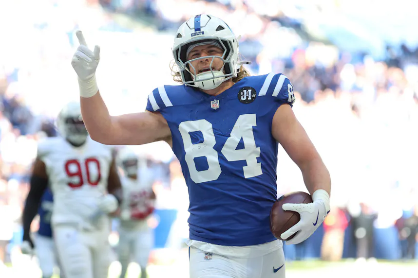 Pictured: Indianapolis Colts tight end Tyler Warren (84) celebrates after scoring a touchdown as we offer our National Tight Ends Day parlay picks.