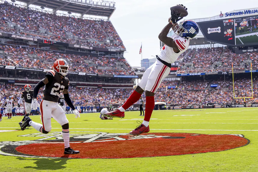 New York Giants wide receiver Malik Nabers (1) makes a touchdown reception as we offer our Malik Nabers touchdown picks and odds for Thursday Night Football.