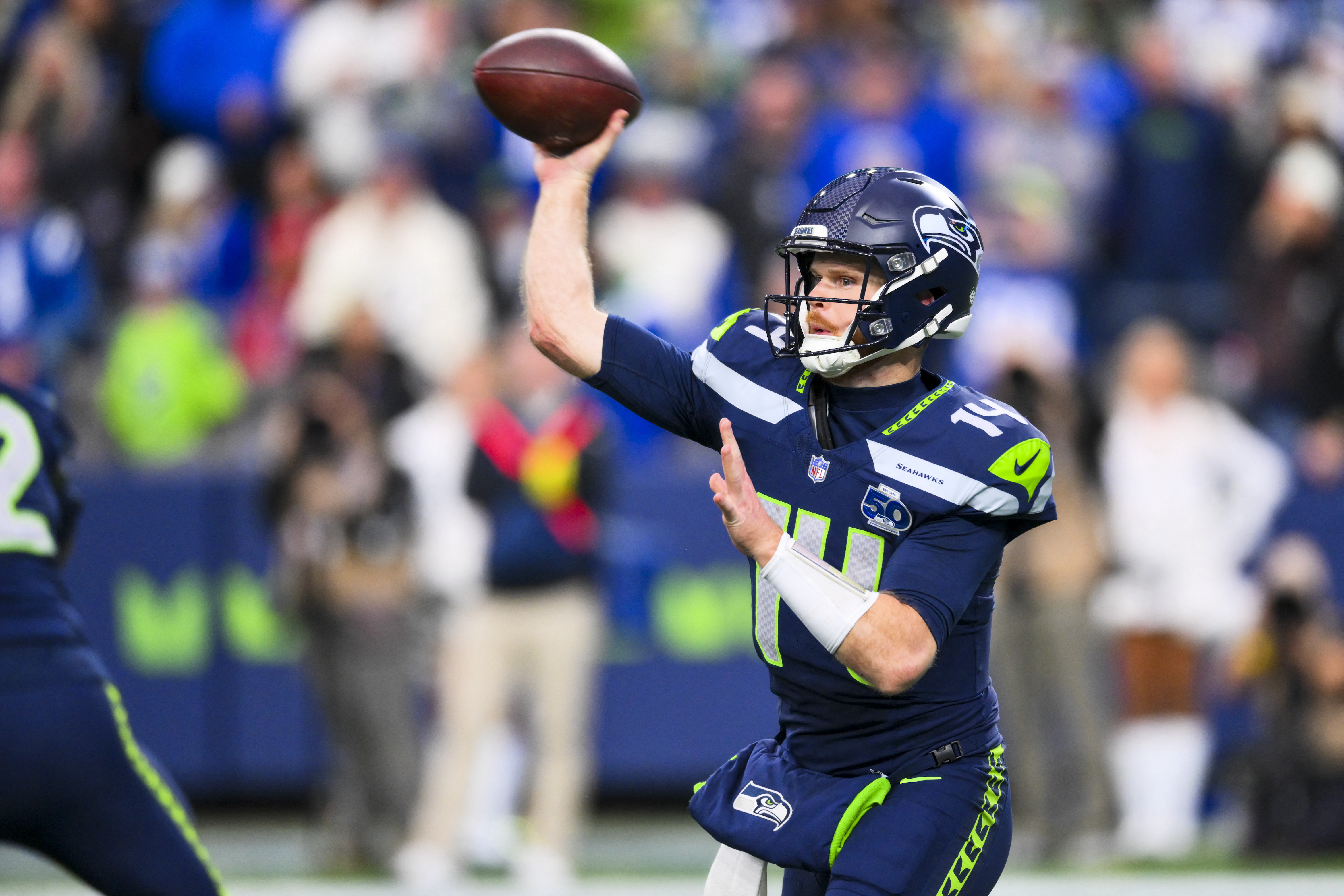 Seattle Seahawks quarterback Sam Darnold (14) throws a pass as we provide our best Seahawks vs. Patriots player props for Super Bowl 2026.