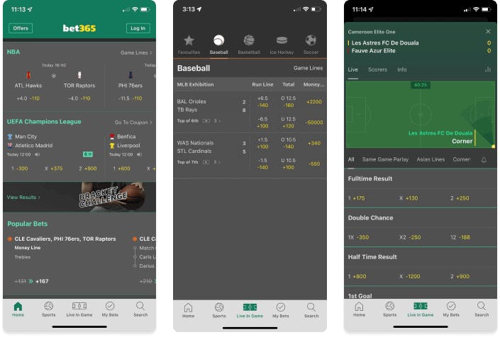 Screenshot of bet365 Sportsbook app in iOS.