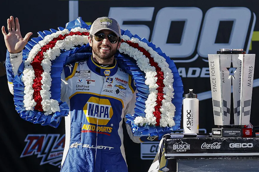 Chase Elliott of the No. 9 NAPA Auto Parts Chevrolet celebrates in victory lane after winning the NASCAR Cup Series YellaWood 500.