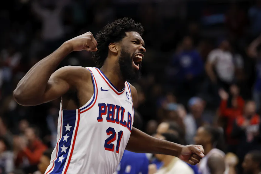 Philadelphia 76ers center Joel Embiid celebrates as we make our best NBA player prop predictions