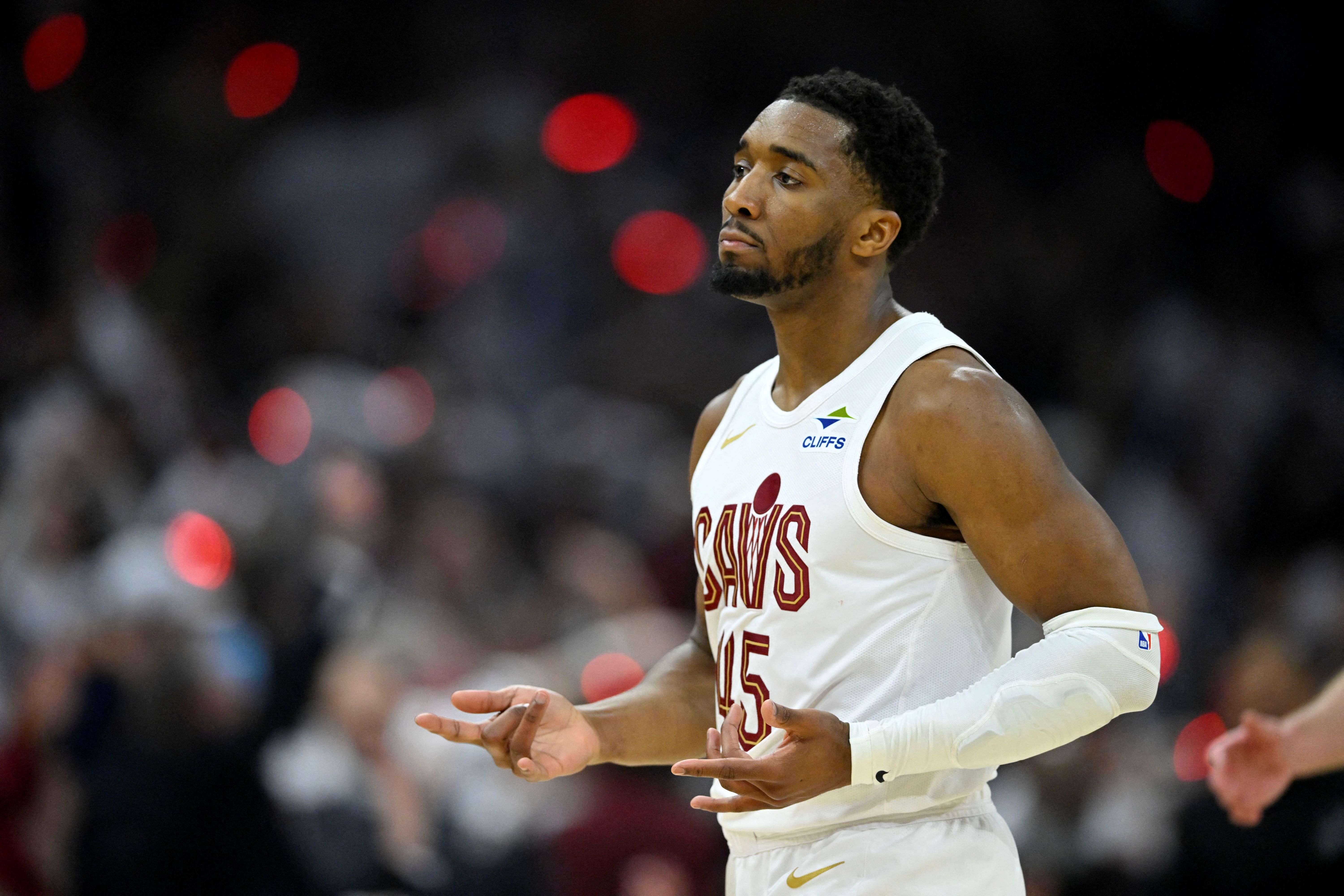 Cleveland Cavaliers guard Donovan Mitchell (45), seen here celebrating during a game, is featured in our Raptors vs. Cavaliers player props for Game 7 today.