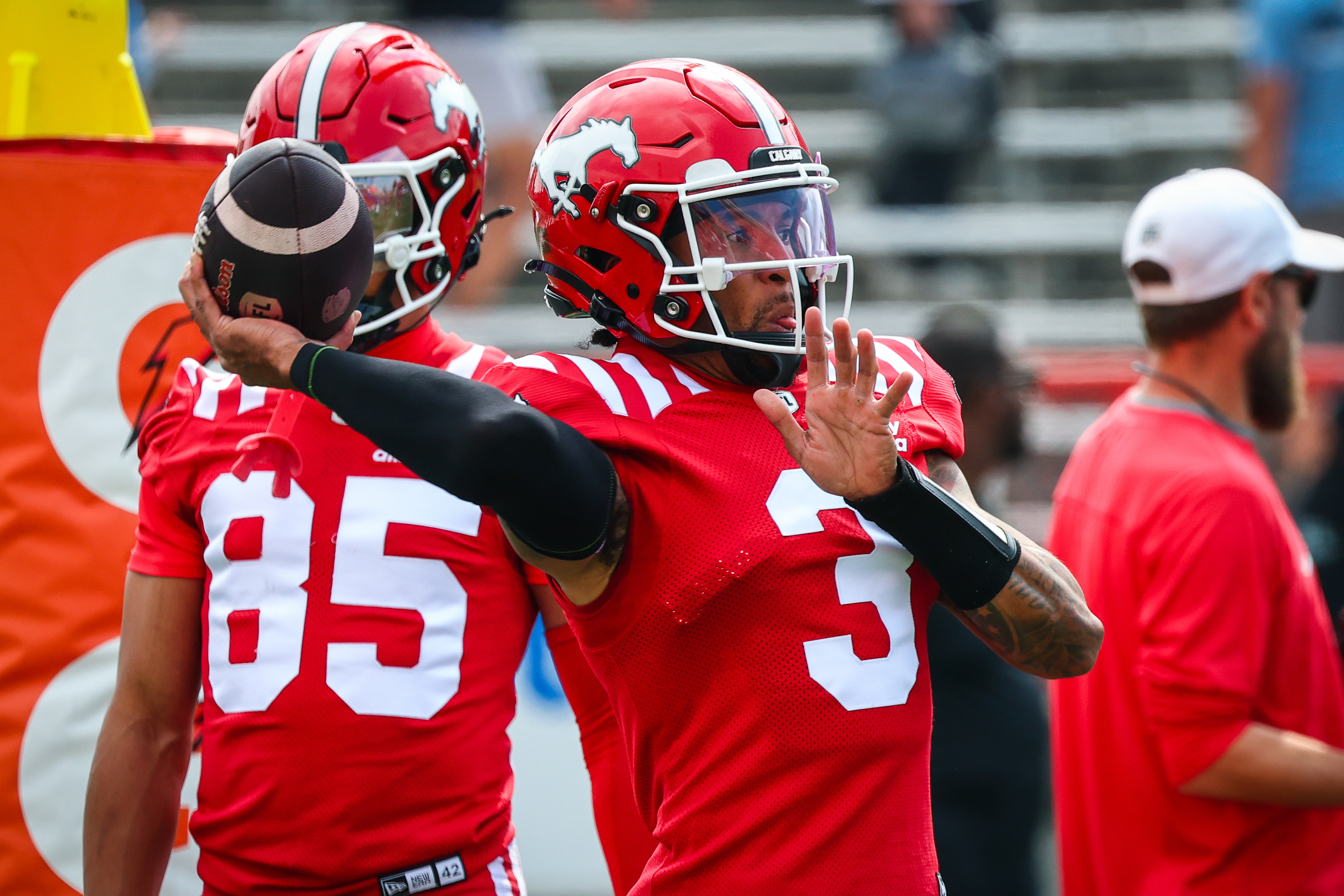 Calgary Stampeders quarterback Vernon Adams Jr. (3) throws the ball during warmup as we dive into our Stampeders vs. Lions prediction.