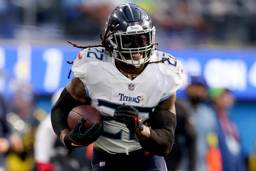 Derrick Henry of the Tennessee Titans runs the ball during the second quarter of the game against the Los Angeles Chargers.