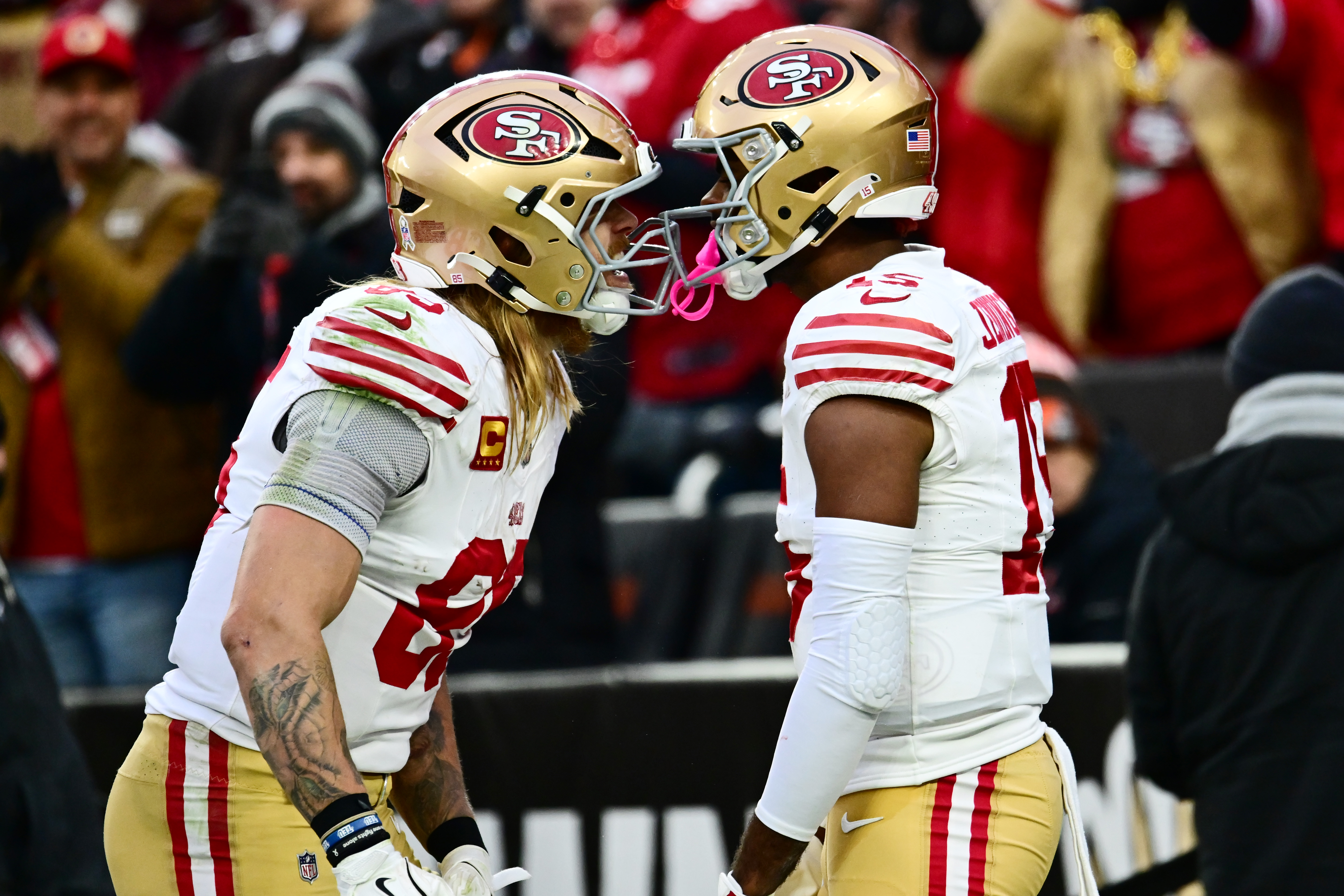 San Francisco 49ers tight end George Kittle (85) celebrates with wide receiver Jauan Jennings (15), and both are featured in our 49ers vs. Colts same-game parlay.