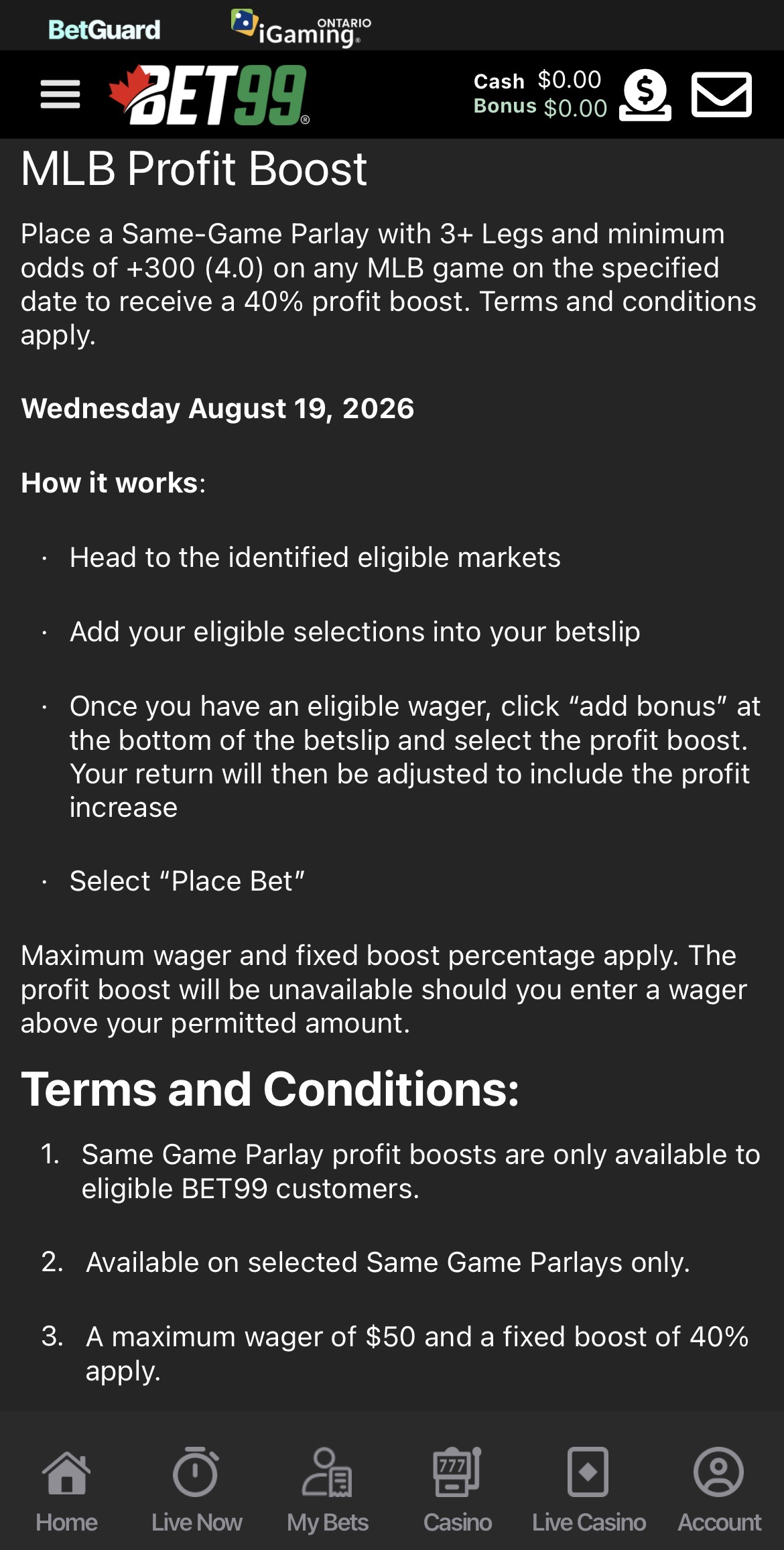 BET99 MLB profit boost promo terms and conditions.