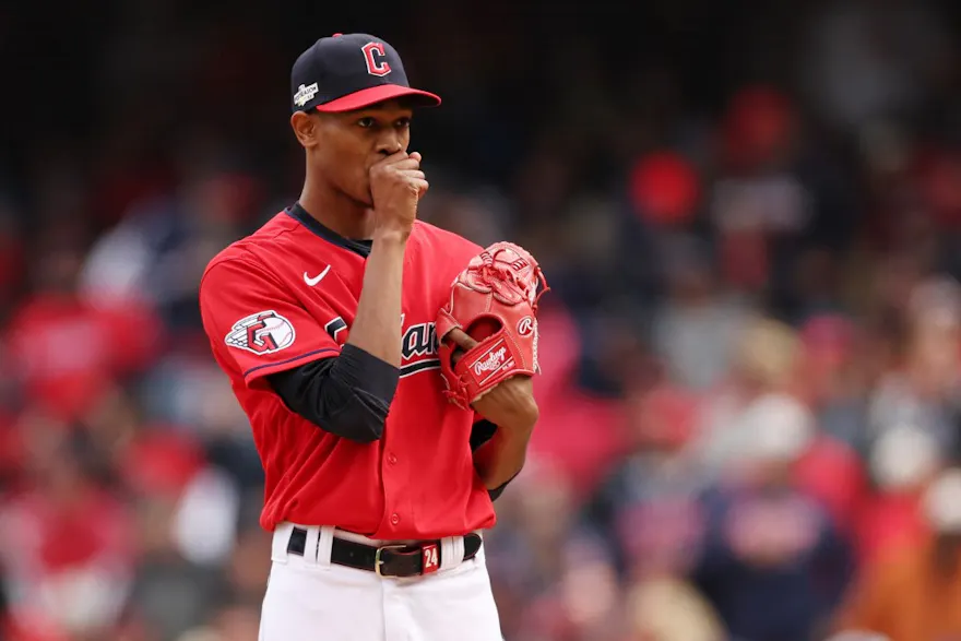 Triston McKenzie of the Cleveland Guardians reacts after issuing a walk against the Tampa Bay Rays, and we offer our MLB player props and best bets based on the best MLB odds.