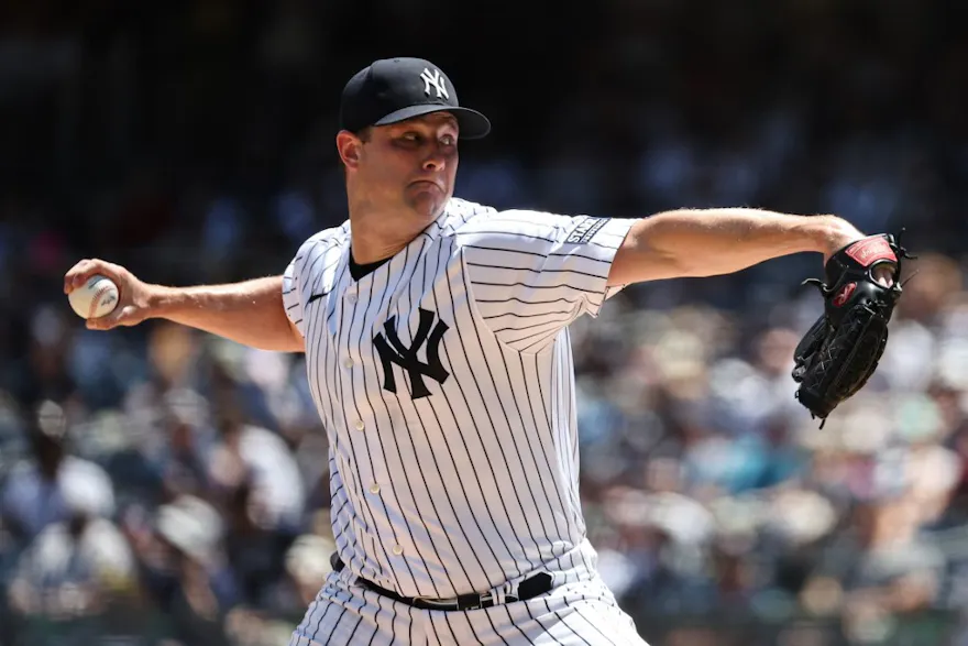Gerrit Cole of the New York Yankees throws a pitch during the first inning of the game against the Kansas City Royals at Yankee Stadium as we look at our 2024 Cy Young odds.