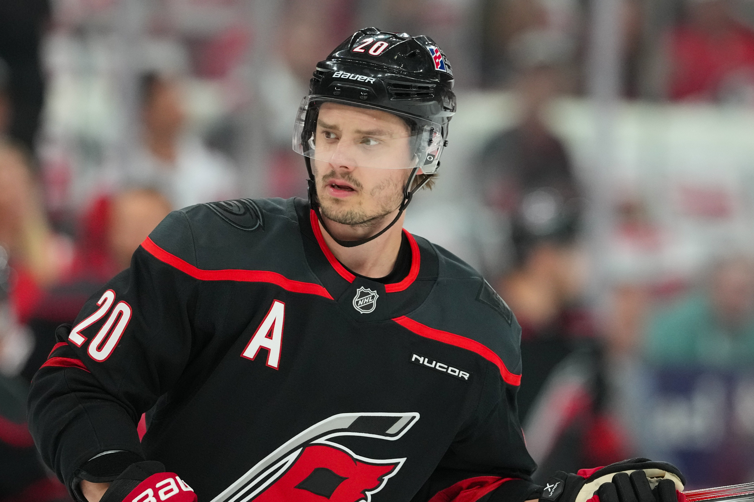  Carolina Hurricanes center Sebastian Aho (20) skates during the warmups before the game against the Philadelphia Flyers in game two of the second round of the 2026 Stanley Cup Playoffs at Lenovo Center. Mandatory Credit: James Guillory-Imagn Images
