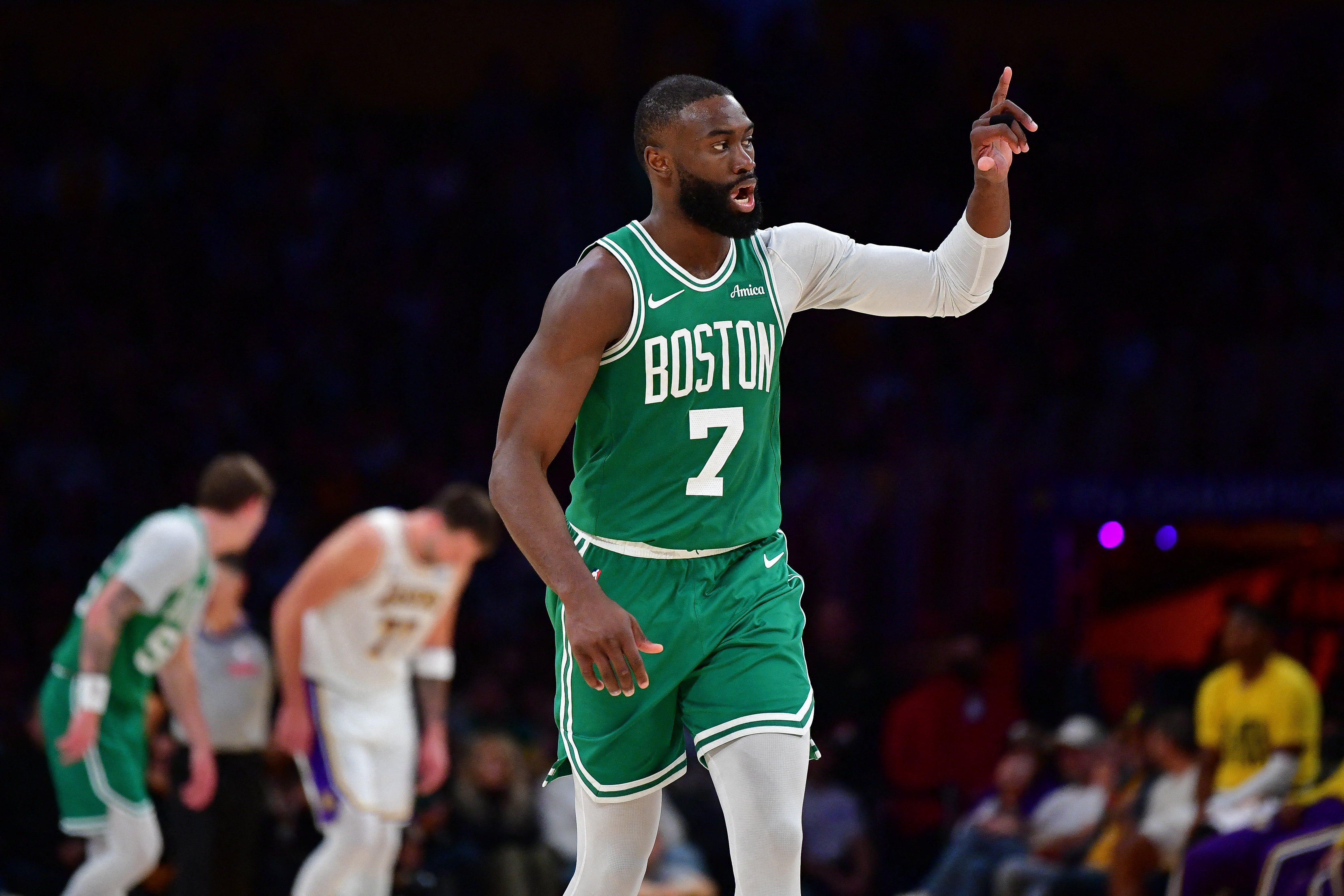 Boston Celtics guard Jaylen Brown - who's featured in my NBA player props - reacts after scoring a 3-point basket. 