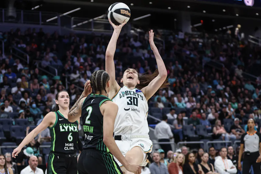 New York Liberty forward Breanna Stewart (30) shoots as we offer our Lynx vs. Liberty prediction for Game 1 of the WNBA Finals on Thursday.