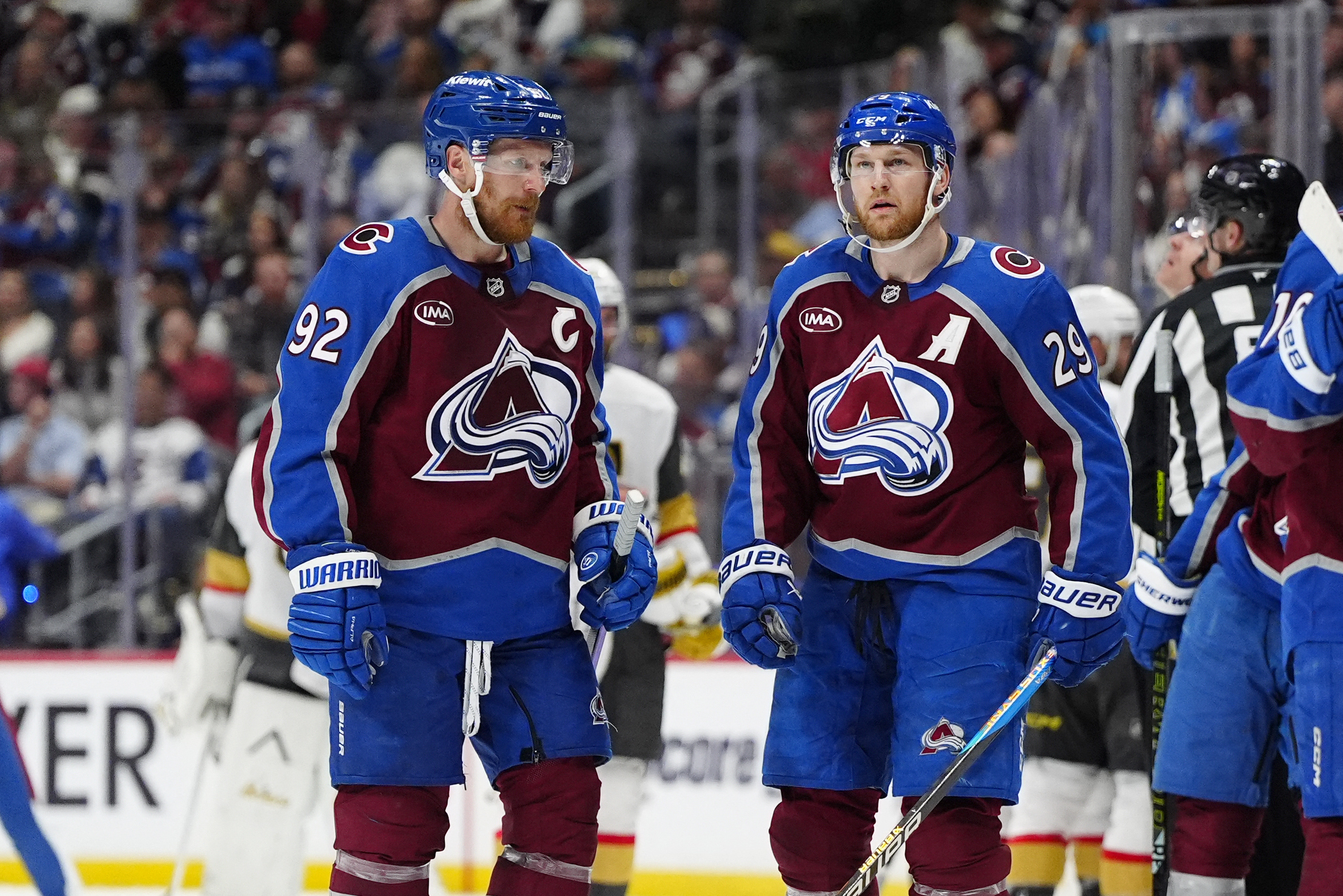 Colorado Avalanche left wing Gabriel Landeskog and center Nathan MacKinnon react as we make our best Avalanche vs. Golden Knights predictions.