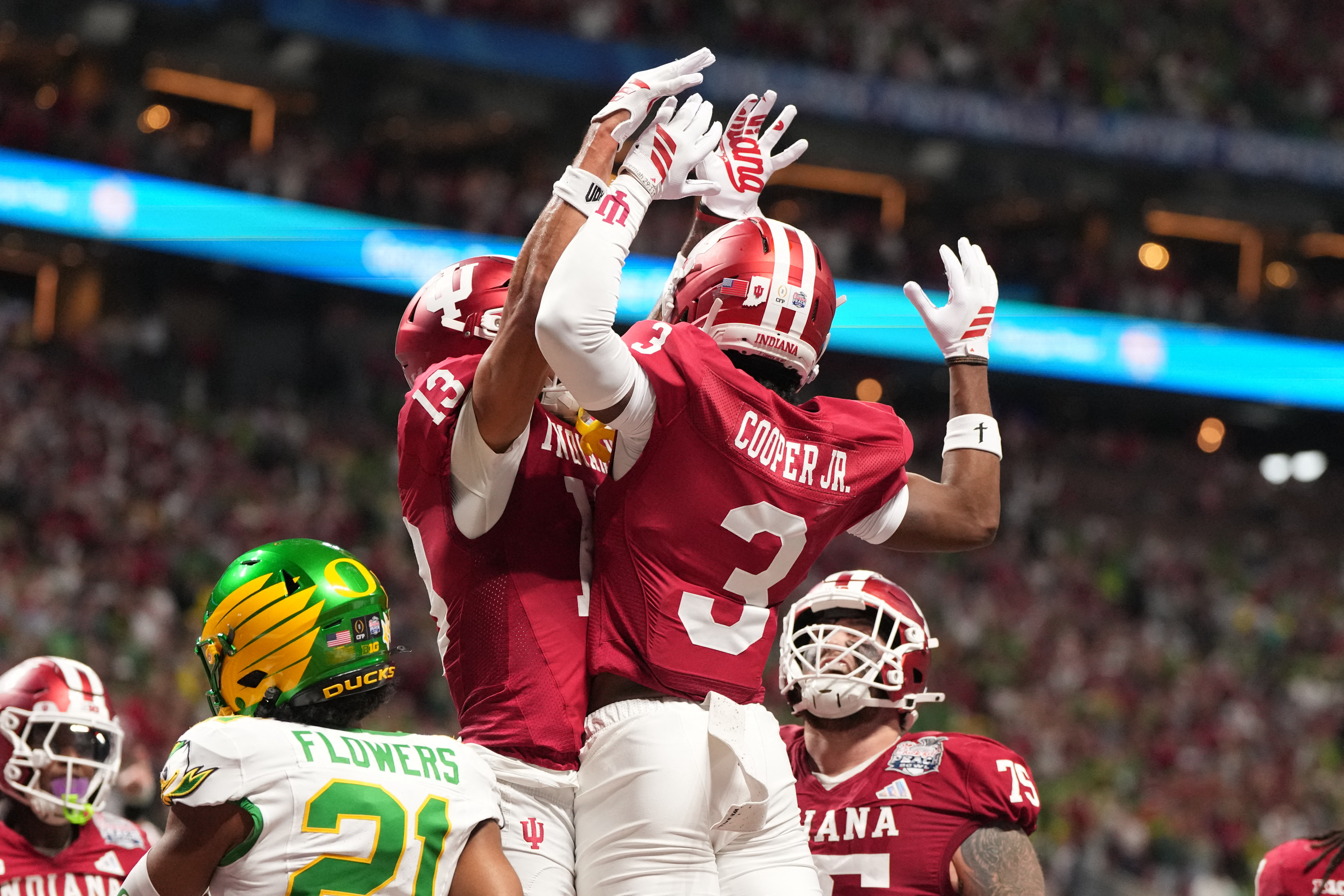 Indiana wide receivers Omar Cooper Jr. (3) and Elijah Sarratt (13) are the focus of our anytime touchdown scorer predictions for Miami vs. Indiana in the CFP National Championship.