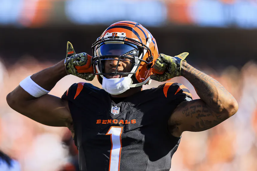 Cincinnati Bengals wide receiver Ja'Marr Chase reacts after a play against the Las Vegas Raiders as we look at our Ja'Marr Chase MNF player prop bets.