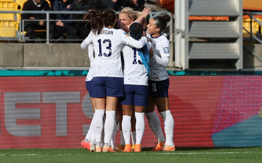 USA's Lindsey Horan celebrates with teammates after scoring a goal in the 2023 Women's World Cup match between the United States and the Netherlands at Wellington Stadium, also known as Sky Stadium, in Wellington. Photo by Marty MELVILLE / AFP.