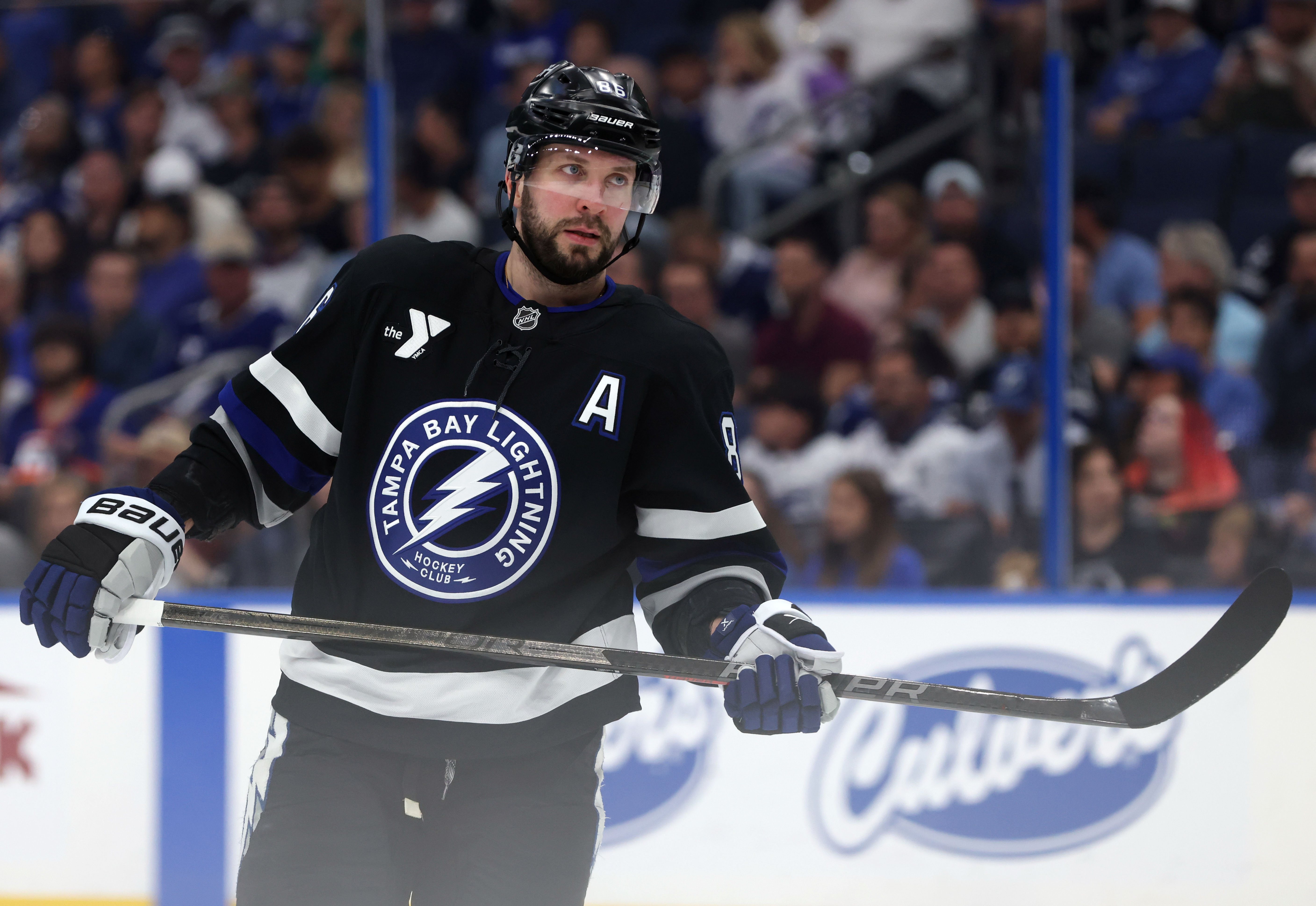Tampa Bay Lightning forward Nikita Kucherov (86) looks on as we offer our best NHL player props today.