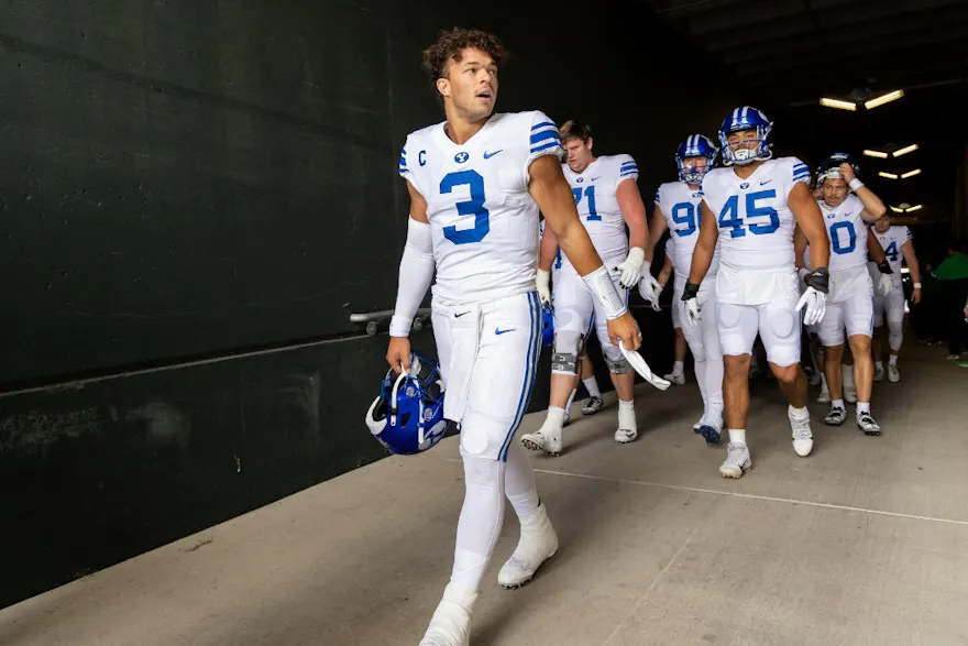 Quarterback Jaren Hall of the Brigham Young Cougars walks out of the tunnel before their game against the Oregon Ducks.