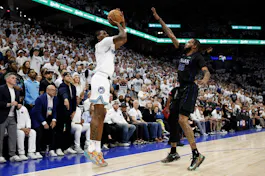 Naz Reid of the Minnesota Timberwolves shoots the ball against Derrick Jones Jr. of the Dallas Mavericks during Game 2 of the Western Conference Finals. We're backing Reid in our Timberwolves vs. Mavericks Parlay. 