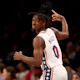 Tyrese Maxey #0 of the Philadelphia 76ers celebrates as we take a look at the latest NBA Most Improved Player odds following the All-Star break.