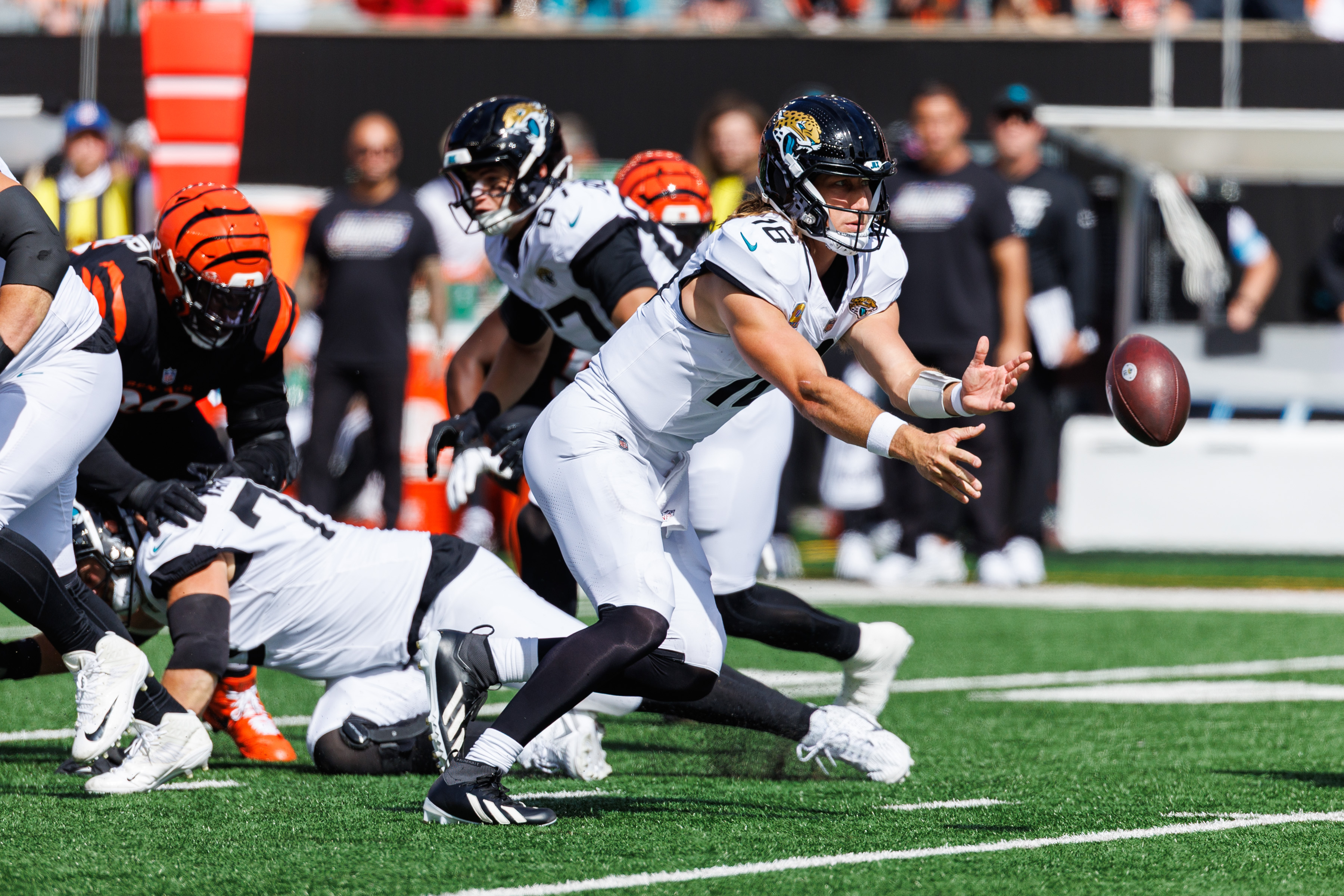 Pictured: Trevor Lawrence in action as we break down our Eagles vs. Jaguars Prediction. Photo by John Mersits/Cal Sport Media/Sipa USA.